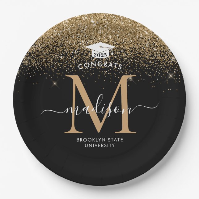 Black Gold Glitzer Monogram Grad Graduation Party Pappteller (Vorderseite)