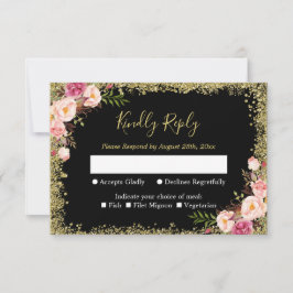 Black Gold Glitzer Rosa Floral Wedding RSVP Antwor Karte