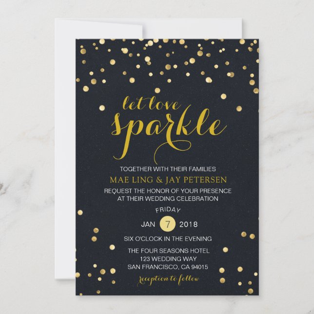 Black Gold Glitzer Sparkle Hochzeit Einladung (Vorderseite)