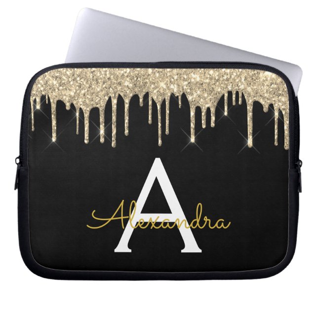 Black Gold Glitzer Sparkle Monogram Laptopschutzhülle (Vorderseite)