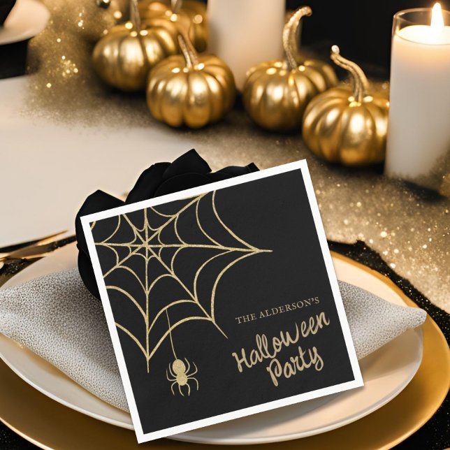 Black & Gold Glitzer Spiderweb Halloween-Party Serviette (Von Creator hochgeladen)