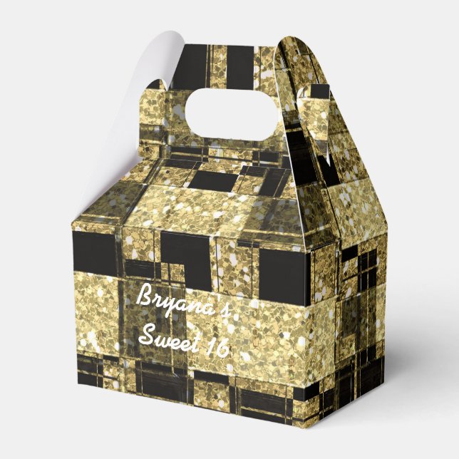 Black & Gold Glitzer Squares Chic Gastgeschenk Box Geschenkschachtel (Vorderseite)