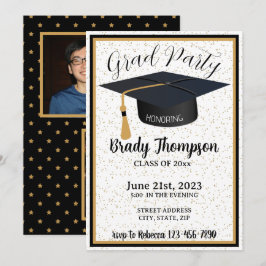 Black & Gold Glitzer & Stars 2 Foto Grad Party Einladung