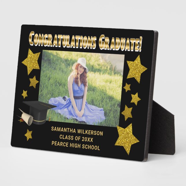 Black & Gold Glitzer Stars Gratulationsstudium Fotoplatte (Seite)