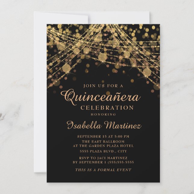 Black Gold Glitzer String Lights Quinceñera Einladung (Vorderseite)