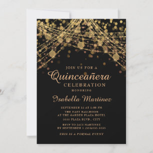 Black Gold Glitzer String Lights Quinceñera Einladung