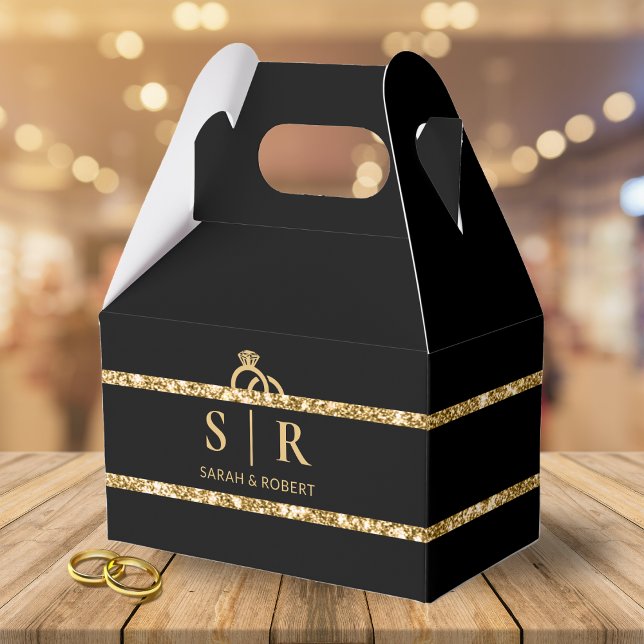 Black & Gold Glitzer Strip Diamantring Hochzeit Geschenkschachtel (Black & Gold Glitter Strip Diamond Ring Wedding Favor Box)