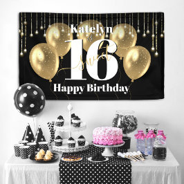 Black Gold Glitzer Sweet 16 Birthday Balloons Bold Banner