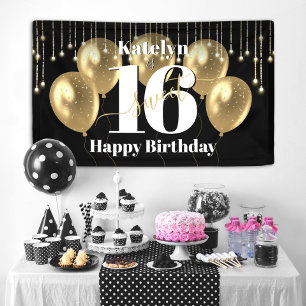 Black Gold Glitzer Sweet 16 Birthday Balloons Bold Banner