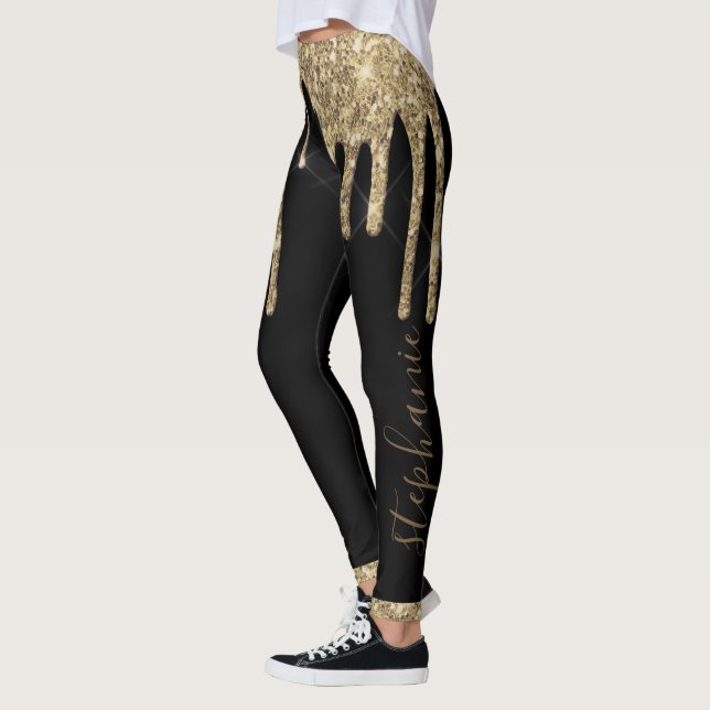 Black Gold Glitzer Tropfen Chic individuelle Name Leggings (Links)