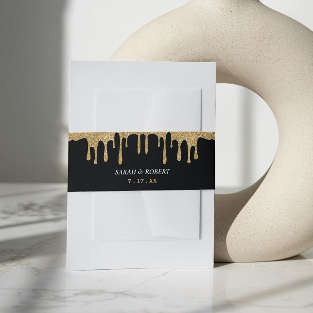 Black & Gold Glitzer Tropfen Hochzeit Einladungsbanderole (Black & Gold Glitter Drip Wedding Invitation Belly Band)