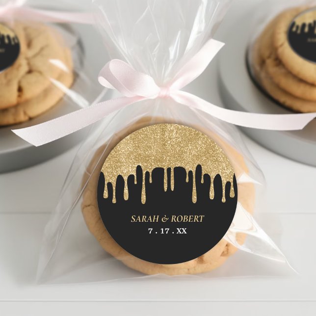 Black & Gold Glitzer Tropfen Hochzeit Runder Aufkleber (Black & Gold Glitter Drip Wedding Classic Round Sticker
)