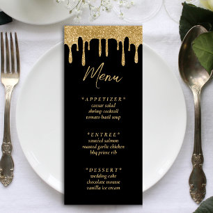 Black & Gold Glitzer Tropfen Hochzeitsempfang Menükarte