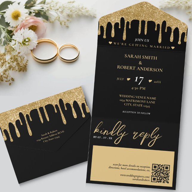 Black & Gold Glitzer Tropfen QR Code Hochzeit All In One Einladung (Black & Gold Glitter Drip QR Code Wedding All In One Invitation)