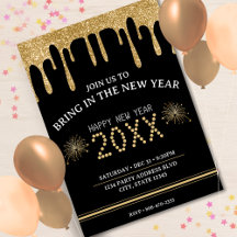 Black & Gold Glitzer Tropfen Silvester Party 2024