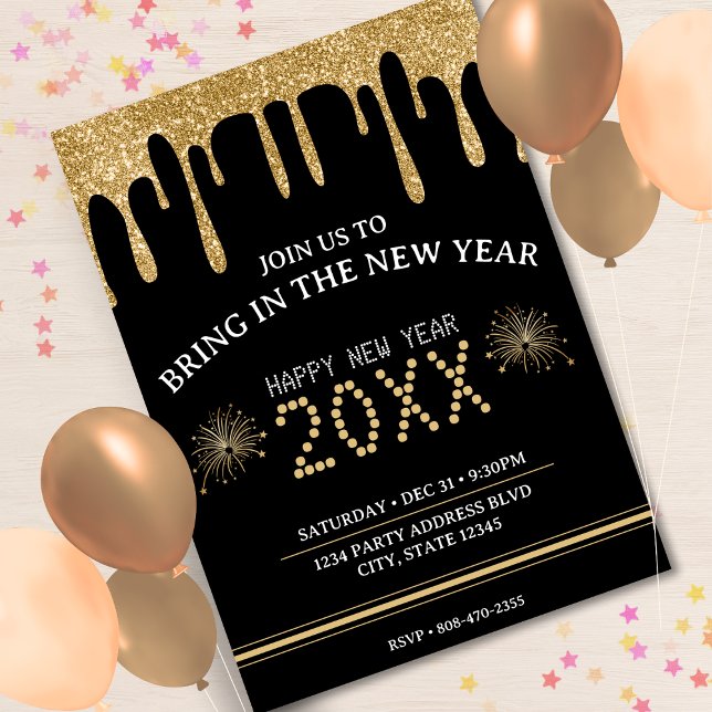 Black & Gold Glitzer Tropfen Silvester Party 2024 Einladung (Black & Gold Glitter Drip New Years Eve Party 2024 Invitation)