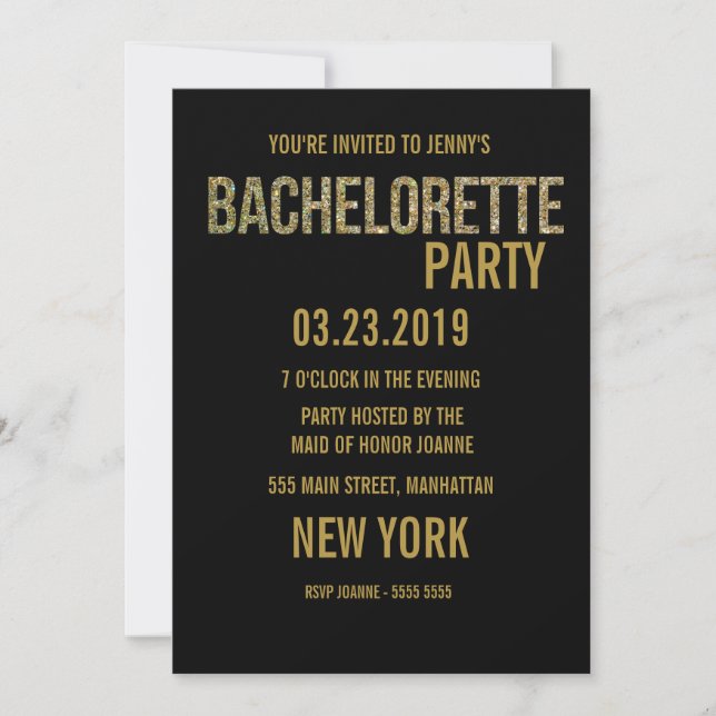 Black Gold Glitzer Typografie Bachelorette Einladu Einladung (Vorderseite)