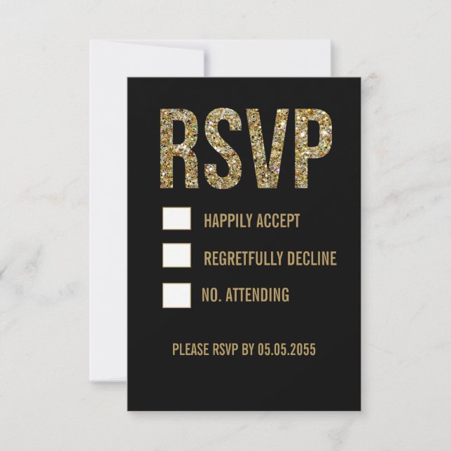 Black & Gold Glitzer Typografy Wedding RSVP Cards (Vorderseite)