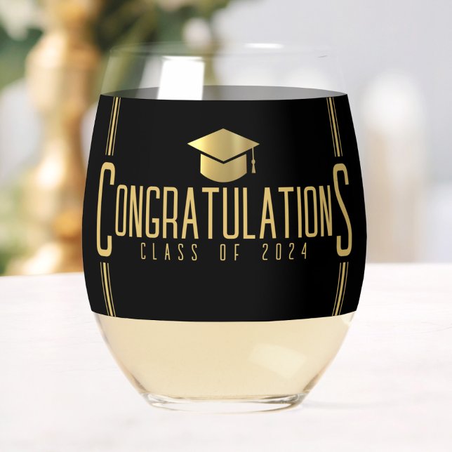 Black & Gold Glückwunschklasse Abschluss Weinglas Ohne Stiel (Black & Gold Congratulations Class Of Graduation Stemless Wine Glass)