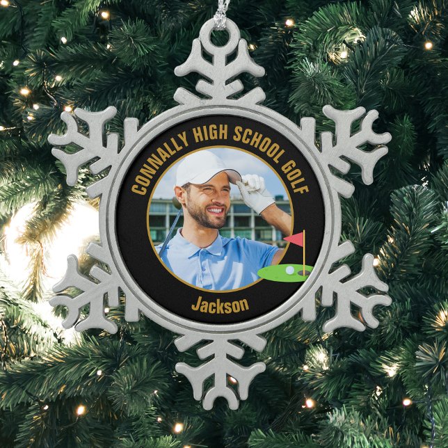 Black Gold Golfer Photo High School Golf Team Schneeflocken Zinn-Ornament (Von Creator hochgeladen)