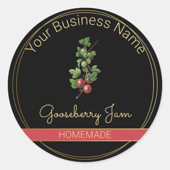 Black & Gold Gooseberry Jam Product Label Runder Aufkleber (Vorderseite)