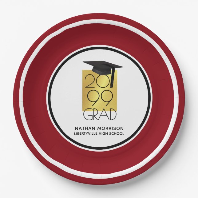 Black & Gold GRAD | Editable Red | Abschluss Pappteller (Vorderseite)