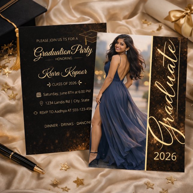 Black Gold Grad Glow Einladung (Celebrate your graduate with a black and gold glow design and photo front layout)