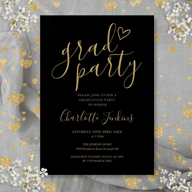 Black Gold Grad Script Herzschrittsparty Einladung (Black Gold Grad Script Heart Graduation Party Invitation)