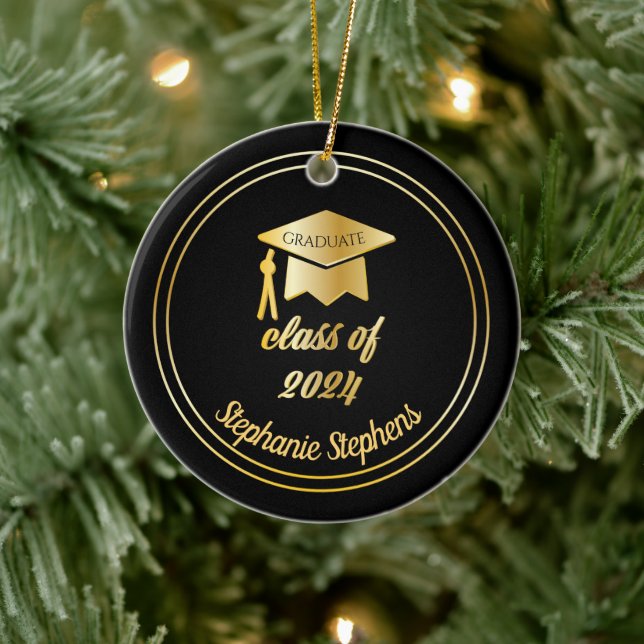 Black Gold Graduate Cap Abschluss 2024 Foto Keramik Ornament (Baum)