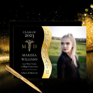 Black  Gold Graduate Wave Caduceus MD Medical Grad Ankündigung