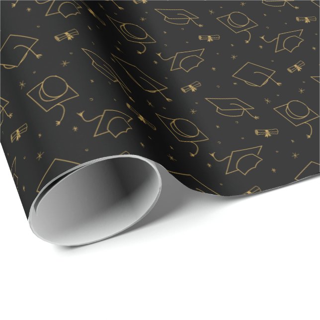 Black & Gold Graduation Cap Toss Wrapping Paper Geschenkpapier (Rolleneckpunkt)