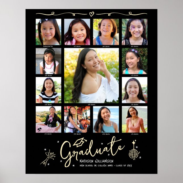 Black Gold Graduation K–12 Photo Collage Doodles Poster (Vorne)