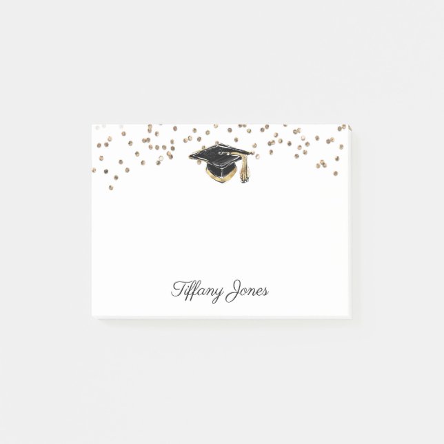 Black & Gold Graduierung Cap mit Gold Glitzer Post-it Klebezettel (Vorderseite)