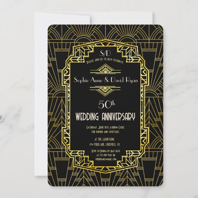 Black Gold Great Gatsby 50. Hochzeitstag Einladung (Vorderseite)