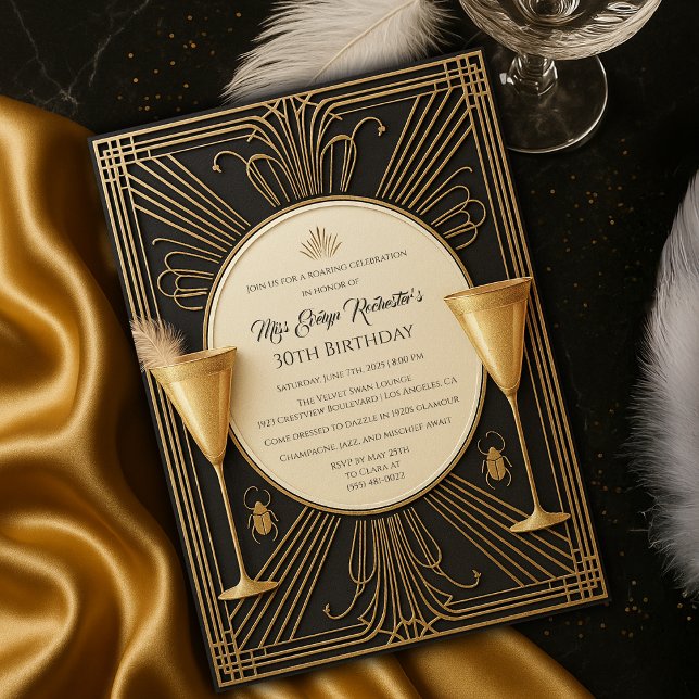 Black Gold Great Gatsby Milestone Geburtstag Einladung (Black Gold Great Gatsby Milestone Birthday Invitation
)