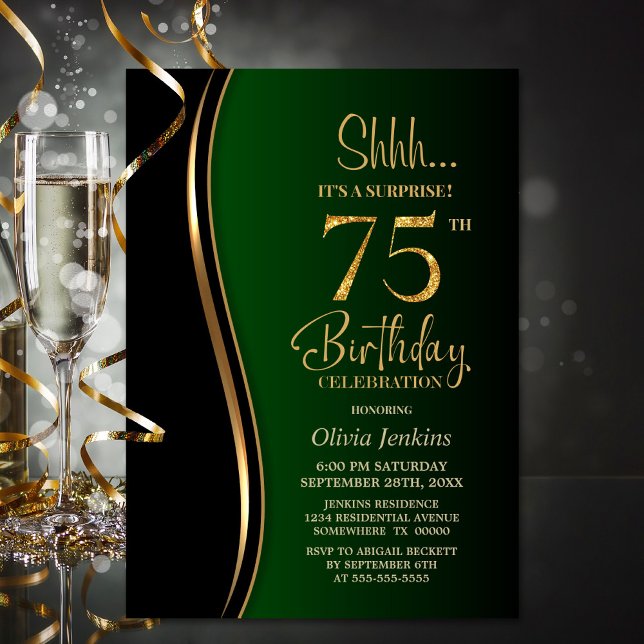 Black Gold Green Überraschung 75. Geburtstag Einladung (Von Creator hochgeladen)