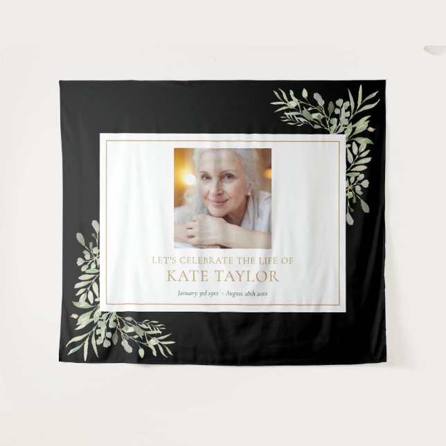 Black Gold Greenery Foto Beerdigung Gedenkveransta Wandteppich (Vorderseite (Horizontal))