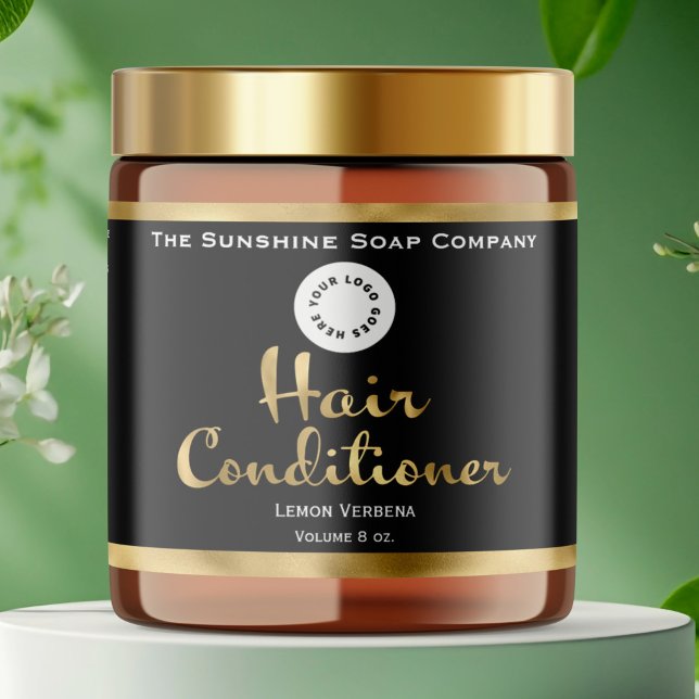 Black & Gold Hair Conditioner Jar Label mit Logo Wasserflaschenetikett (Von Creator hochgeladen)