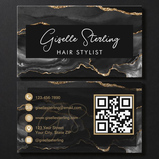 Black Gold Hair Stylist QR Code  Visitenkarte (Von Creator hochgeladen)