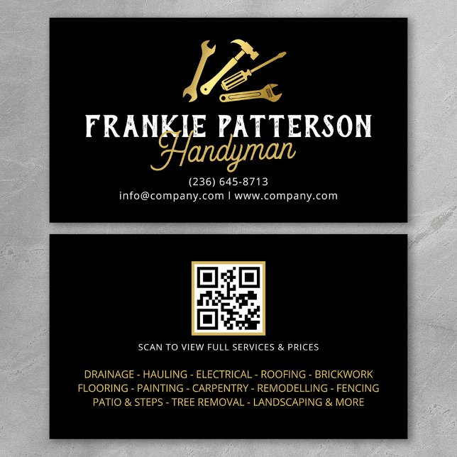 Black Gold Handyman Repair & Maintenance QR Code Visitenkarte (Von Creator hochgeladen)