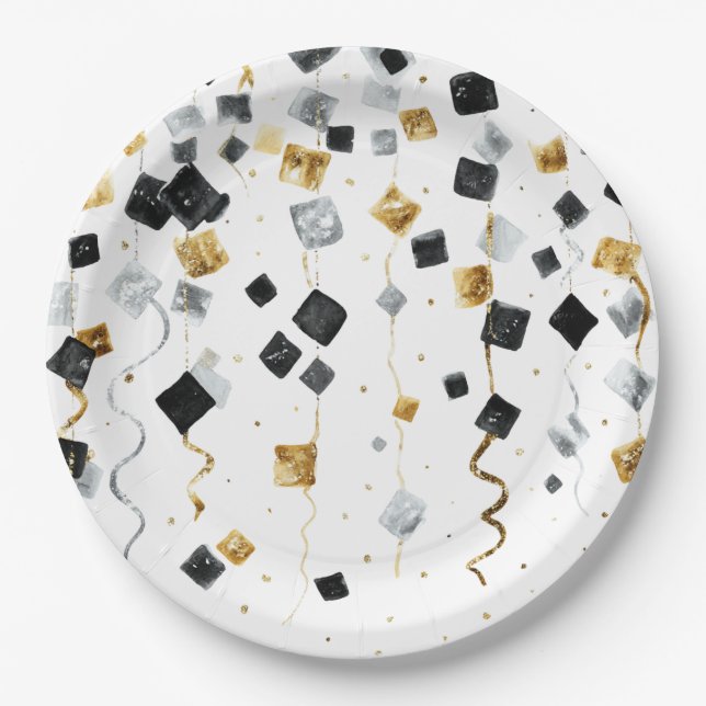Black Gold Happy New Year Confetti Pappteller (Vorderseite)