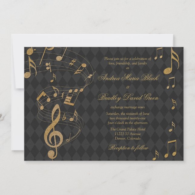 Black Gold Harlequin Music Wedding Einladung (Vorderseite)
