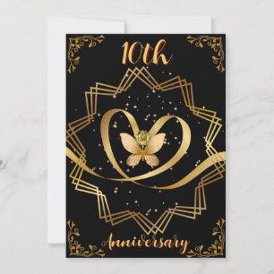 Black & Gold Heart Chic 10. Hochzeitstag Einladung
