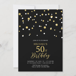 Black & Gold Hexagon Confetti 50. Geburtstagsparty Einladung