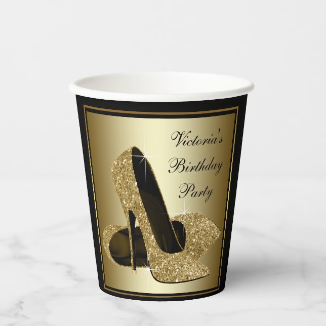 Black Gold High Heel Shoel Birthday Papier Cups Pappbecher (Vorderseite)