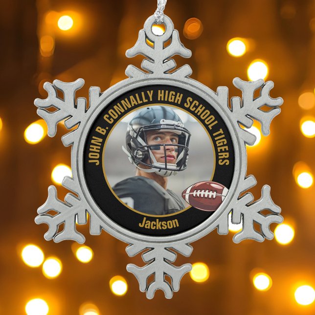 Black Gold High School Football Player Photo Schneeflocken Zinn-Ornament (Von Creator hochgeladen)