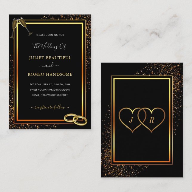 Black Gold Hochzeit Einladung mit Rings (Vorne/Hinten)
