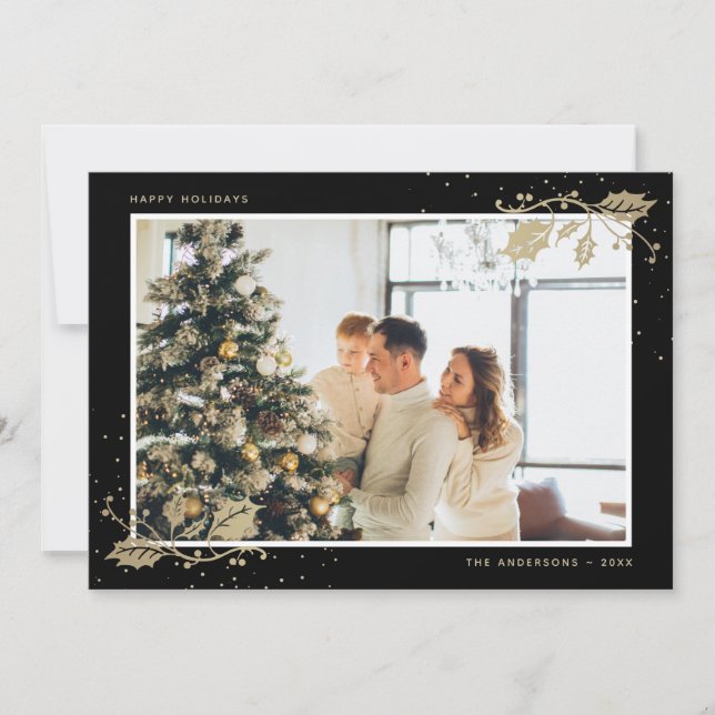 Black Gold Holly Snowflakes Foto Weihnachten (Vorderseite)