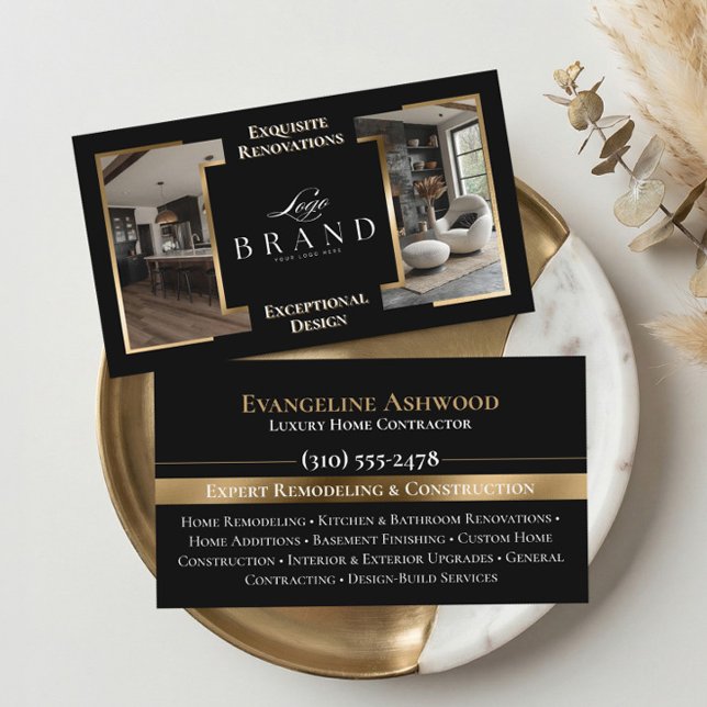 Black Gold Home Remodeling Contractor Custom Logo Visitenkarte (Black Gold Home Remodeling Contractor Custom Logo Business Card)