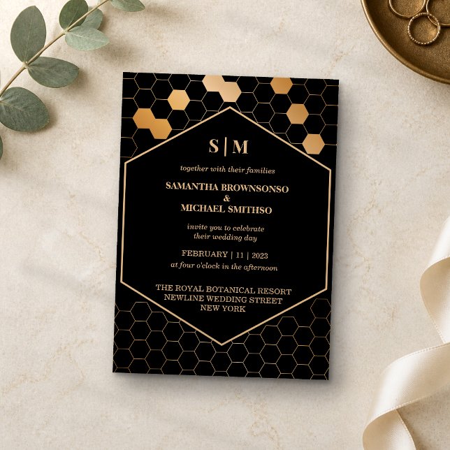Black Gold Honeycomb Wedding Einladung (Von Creator hochgeladen)